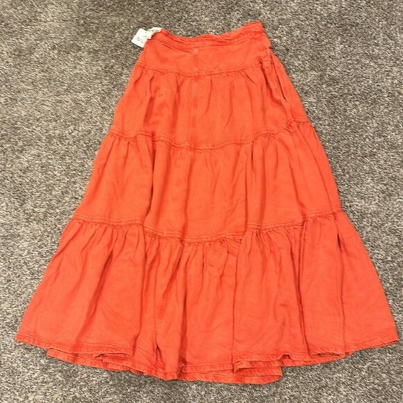 Free People We The Free Denim Dreamweaver Tiered Maxi Skirt Fire Orange - Picture 8 of 8